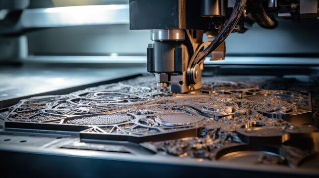 Raising up printing platform with object printed on 3d printer for metal and covered metallic powder. 3D printer printing metal. Laser sintering machine for metal Progressive DMLS, SLM, SLS technology