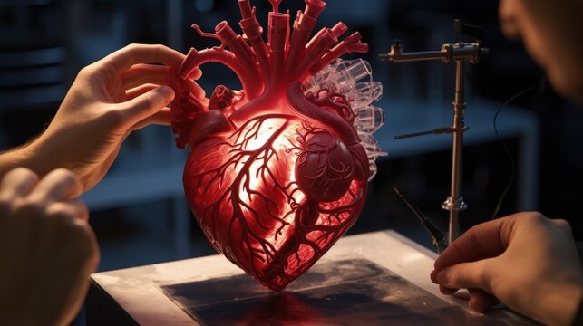 3d printer prints the model of heart, process of printing organs on a 3d printer, creating a model of the human heart.