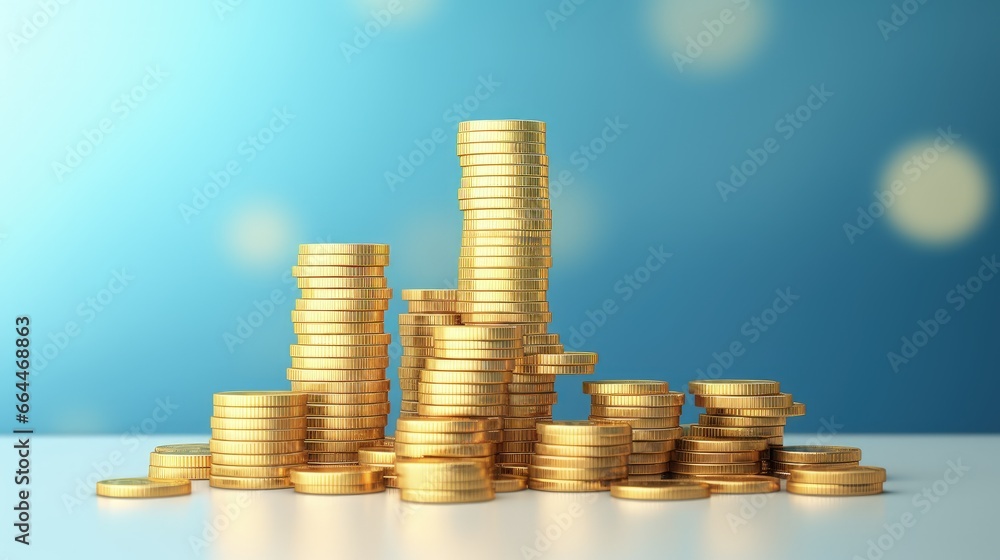 Poster blue up arrow and coin stacks on pastel background. financial success and growth concept. copy space