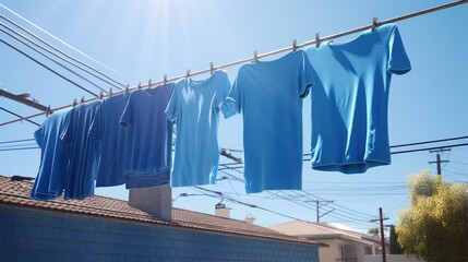 Blue t-shirt drying on the clothesline
