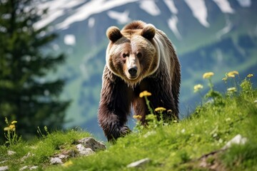 Brown bear moving on the green meadow in springtime nature.