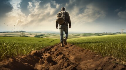 Fototapeta premium farmer wears boots walking on the ridge, farming concept, cultivation and agriculture