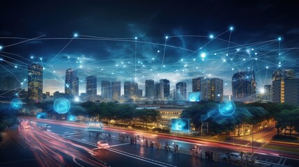 Smart city and communication network concept. 5G. IoT (Internet of Things). Telecommunication. Wide image for banner advertisement ets. - obrazy, fototapety, plakaty