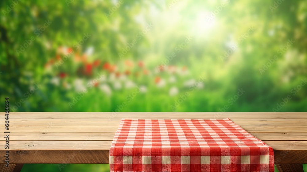 Aufkleber empty wooden desk table with red checkered tablecloth over abstract bright light green spring or sum