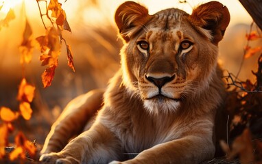 Majestic Lioness in Repose Resting Beneath the Golden Savannah Sun.