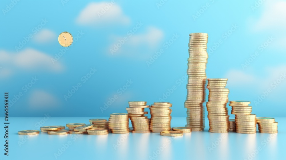 Poster blue up arrow and coin stacks on pastel background. financial success and growth concept. copy space
