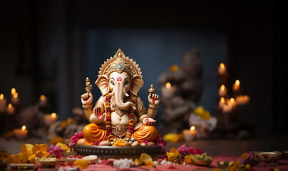 Lord Ganpati, colorful Hindu god Ganesha on dark background. Statue on wooden table with a smoke of incense and a candle. Copy space. - obrazy, fototapety, plakaty