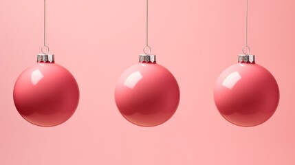 Christmas baubles decorated in a unique style on a pink background. minimalist flat lay idea.