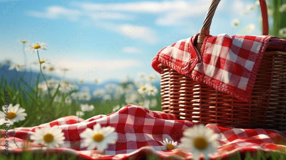 Poster red picnic cloth. red checked picnic blanket with a empty basket on a meadow with daisies in bloom. 