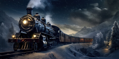 steam train in the snow - obrazy, fototapety, plakaty