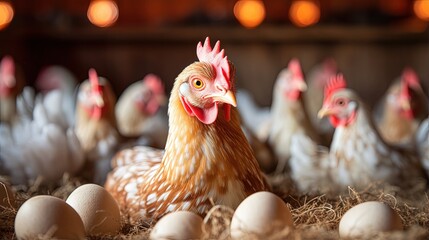 hen lays eggs at a chicken coop in a group of chickens at a bio farm. Hens in hen house. Chicken eggs in hen house. Chicken farm in germany - obrazy, fototapety, plakaty