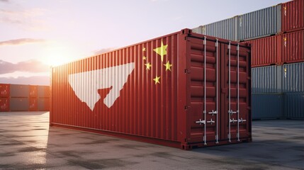 Cargo shipping container with China flag in a port harbor. Production, delivery, shipping and freight transportation of chinese products concept. 3d illustration - obrazy, fototapety, plakaty