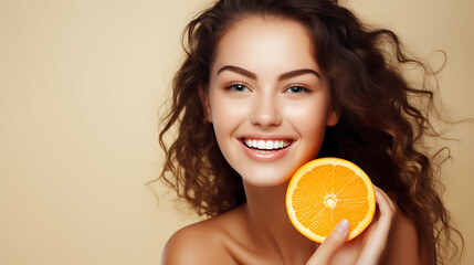 Beautiful young woman with fresh orange on beige background. 