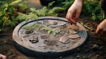 Mud plate with stamping of vegetal elements of nature, by means of pressure, or decoratively inserted. Environmental manuals for children. Educational toy library. Outdoor activity. - obrazy, fototapety, plakaty