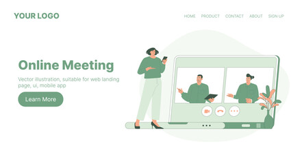 Online Meeting. Web Landing Page Design. Flat Cartoon Vector Illustration.