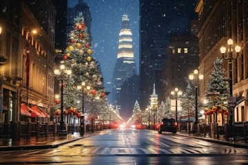 Incredible winter on New Year eve in New York city under bright light in frosty evening. Decorated Christmas tree on streets.