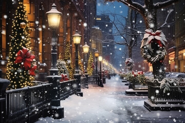 Incredible winter on New Year eve in New York city under bright sunny light in frosty morning. Decorated Christmas streets. - obrazy, fototapety, plakaty