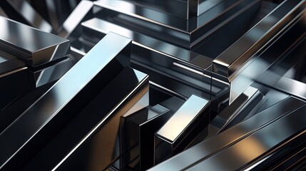 close-up 3d rendering or illustration of shiny steel and aluminium profiles and metalware for construction and engineering in storehous - obrazy, fototapety, plakaty