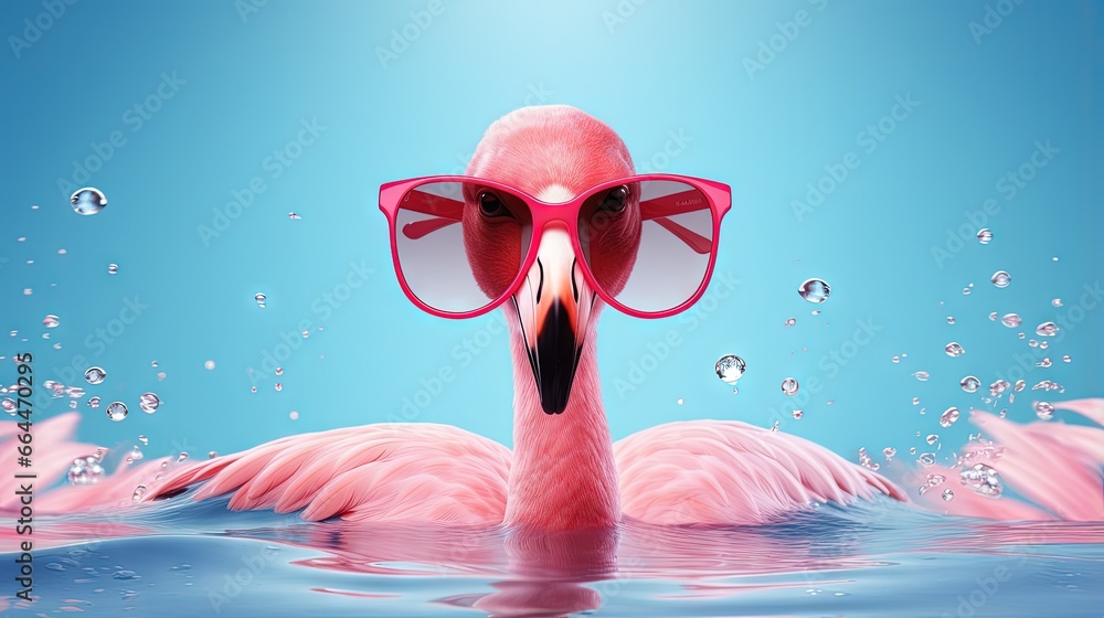 Poster flamingo float with sunglasses on pastel pink background. summer minimal concept. 3d rendering