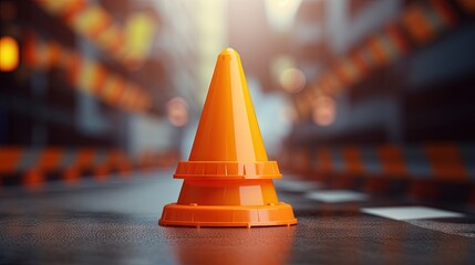 3D traffic cone on orange background of warning safety under construction symbol or transportation security attention street road sign and maintenance caution stop icon repair alert accident notice.