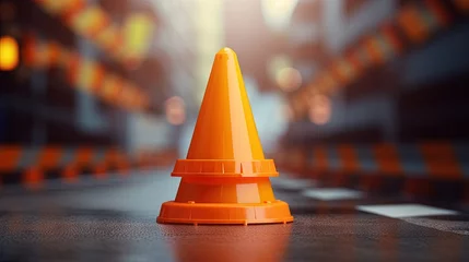 Foto auf Alu-Dibond 3D traffic cone on orange background of warning safety under construction symbol or transportation security attention street road sign and maintenance caution stop icon repair alert accident notice. © HN Works