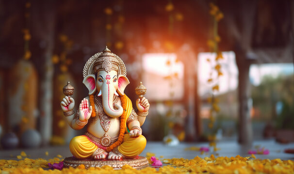 Lord Ganpati, colorful Hindu god Ganesha on dark background. Statue on wooden table with a smoke of incense and a candle. Copy space.