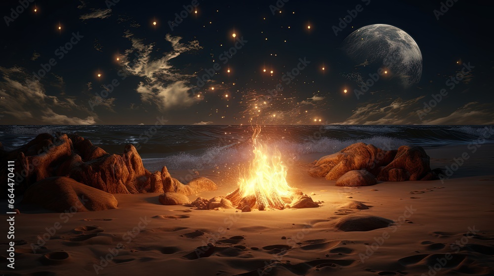 Sticker 3d rendering of large bonfire with sparks and particles in front of full moon light at sand beach