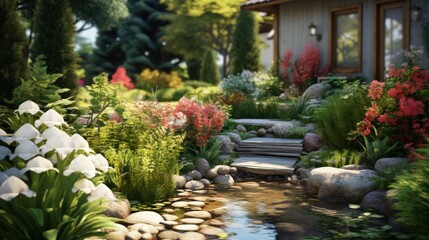 Fototapeta na wymiar Landscape design in home garden close-up, beautiful landscaped garden with plants, bush, rocks and small fountain. Nice landscaping of residential house backyard in summer. Nature and stones theme.