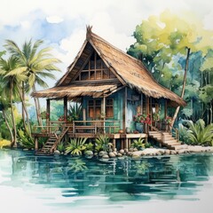 A watercolored bright serene image of a traditional bahay kubo.