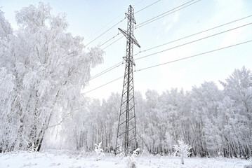 Power lines in the winter forest.Power lines in the winter forest. Power outages due to severe...