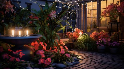 Fototapeta na wymiar Illuminated home garden patio plants and evening party lights near small fountain