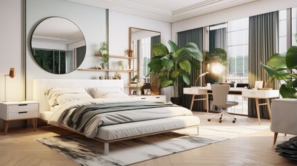 Modern bedroom with cozy bed, big mirror, stylish decorations and with desk to study and work - Powered by Adobe