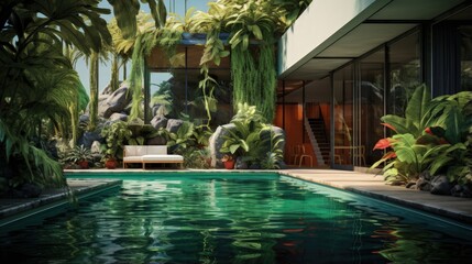 Fototapeta na wymiar a home with a swimming pool and greenery