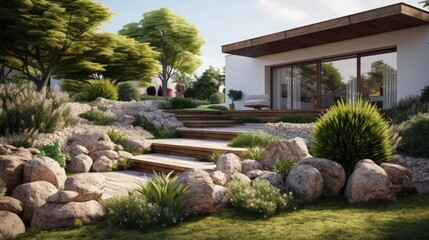 Landscape design in home garden close-up, beautiful landscaped garden with plants, bush, rocks and small fountain. Nice landscaping of residential house backyard in summer. Nature and stones theme.