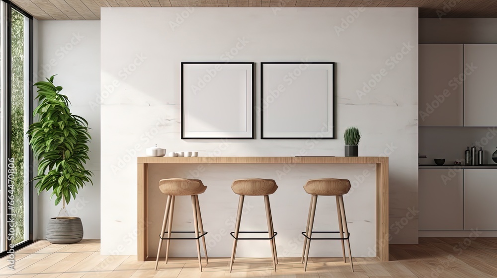 Poster empty vertical picture frame standing in modern kitchen. mock up interior in contemporary style. fre