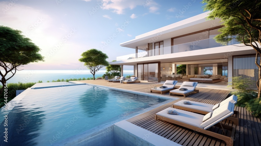 Poster modern pool villa sea view - 3d rendering