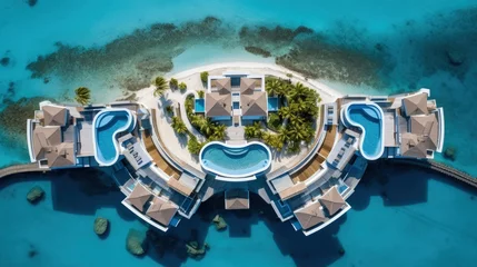 Schilderijen op glas Luxury overwater villas from above. Aerial drone picture. Crossroads Maldives, saii lagoon hotel. July 2021 © HN Works