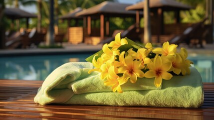 Two green towels with yellow frangipani flower in a wooden basket with a private pool in the resort as the background