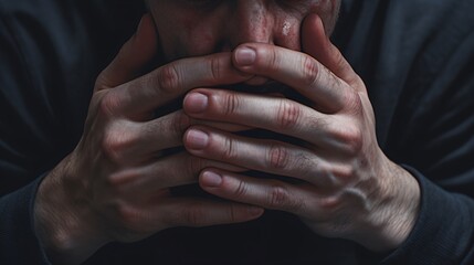 Close-up of hands shaking with fear, illustrating nervousness and apprehension. - obrazy, fototapety, plakaty