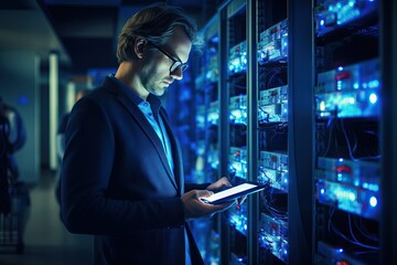 Technician or Engineer NentEnvicginia System engineers monitor server and network equipment performance through download balancing walls in the data center or server room