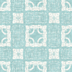 Teal aqua white vibrant watercolor batik azulejos tile background. Seamless coastal blur linen effect geometric mosaic effect.Boho Patchwork nautical masculine all over summer fashion repeat.