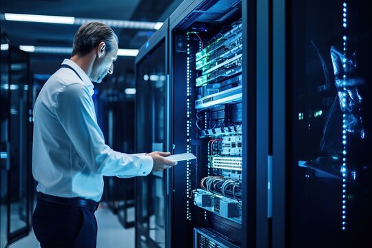 Technician Or Engineer NentEnvicginia System Engineers Monitor Server And Network Equipment Performance Through Download Balancing Walls In The Data Center Or Server Room