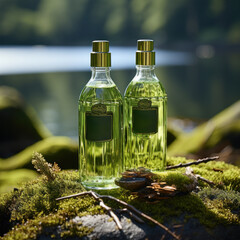 Perfume, cologne or soap glass bottles displayed on mossy rock next to lake