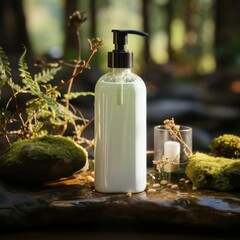 Soap or lotion pump bottle displayed on mossy rock in forest