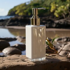 Soap or lotion pump bottle displayed on mossy rock in forest