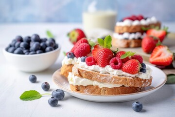 Fresh breakfast with Blueberry, Strawberry, raspberry ricotta rye sandwiches. - obrazy, fototapety, plakaty