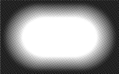 Horizontal circle frame gradient halftone dotted background. Dots texture banner template. Texture overlay grunge distress linear. Black and white duotone faded effect layout. Vector illustration