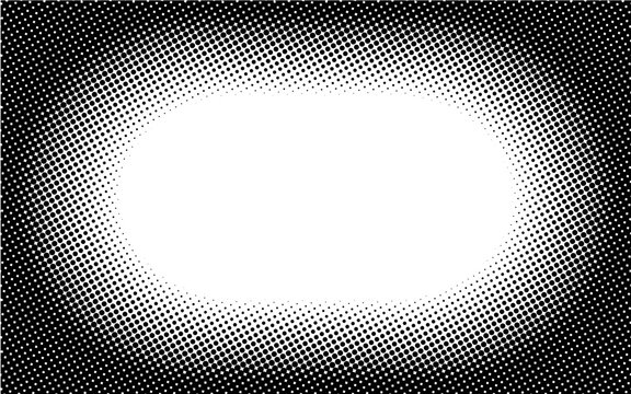 Horizontal circle frame gradient halftone dotted background. Dots texture banner template. Texture overlay grunge distress linear. Black and white duotone faded effect layout. Vector illustration