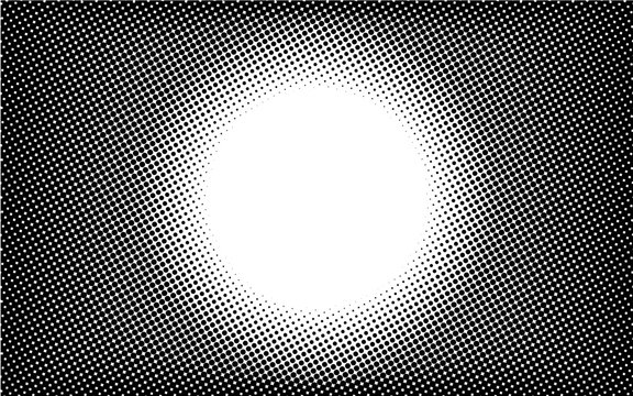 Horizontal circle frame gradient halftone dotted background. Dots texture banner template. Texture overlay grunge distress linear. Black and white duotone faded effect layout. Vector illustration