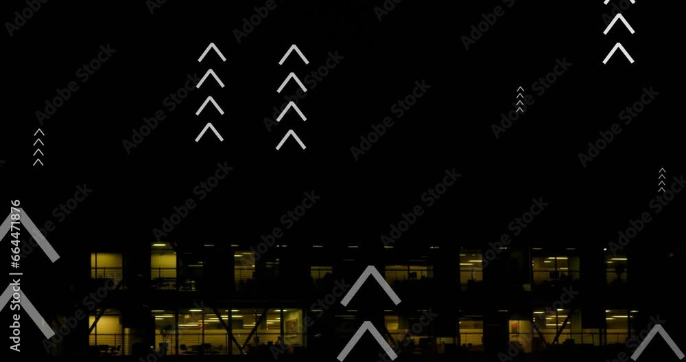 Poster animation of multiple up arrows over aerial view of illuminated modern building against night sky